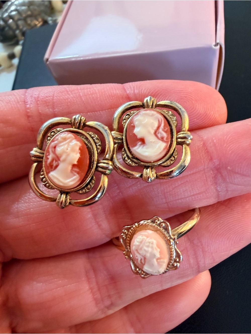 Vintage Cameo Ring and Earrings Set in Pink and Gold